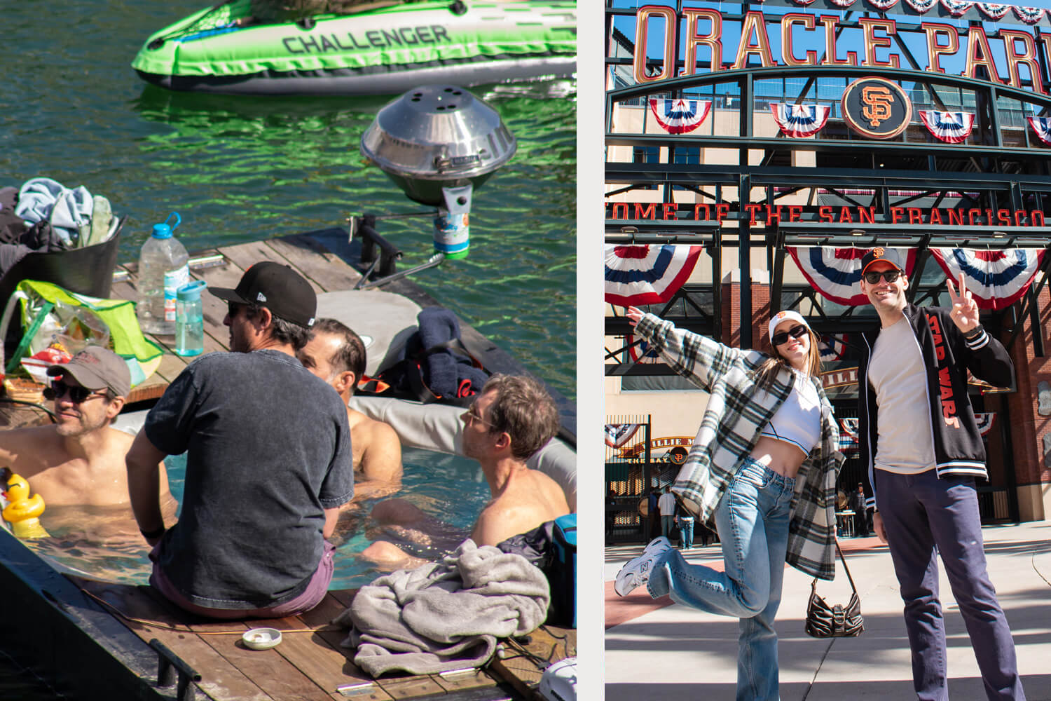 Left: A group of Giants fans relaxes on a floating deck, surrounded by a cooler and inflatable toys. Right: Two people proudly pose in front of the baseball stadium entrance, beaming with excitement beneath the vibrant signage above.