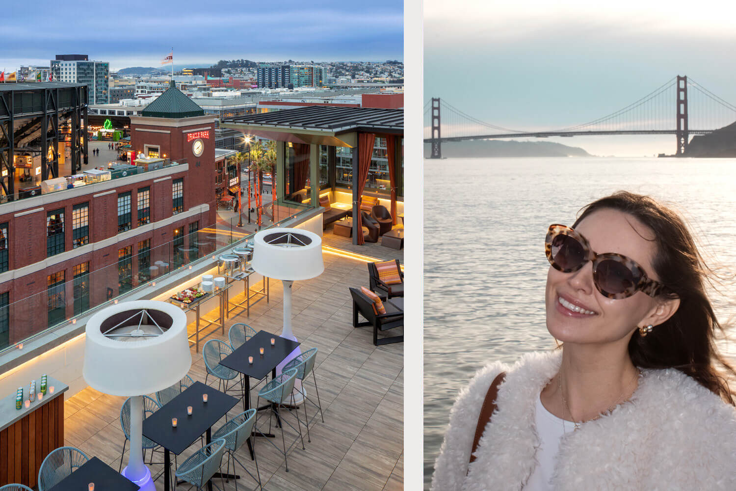 Split image: Left shows a rooftop bar in a city setting during dusk; right shows a woman wearing sunglasses smiling by the water with a bridge in the background. A new chapter begins as day fades into evening and the promise of adventure lies beyond the horizon.